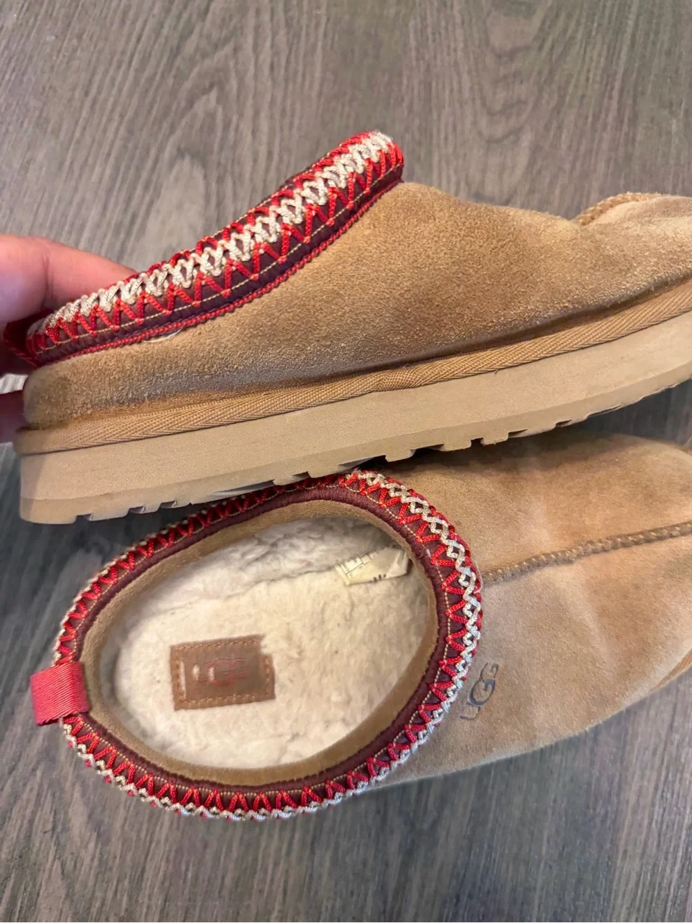 UGG Chestnut Suede Slip-On Shearling Slippers with Red Trim